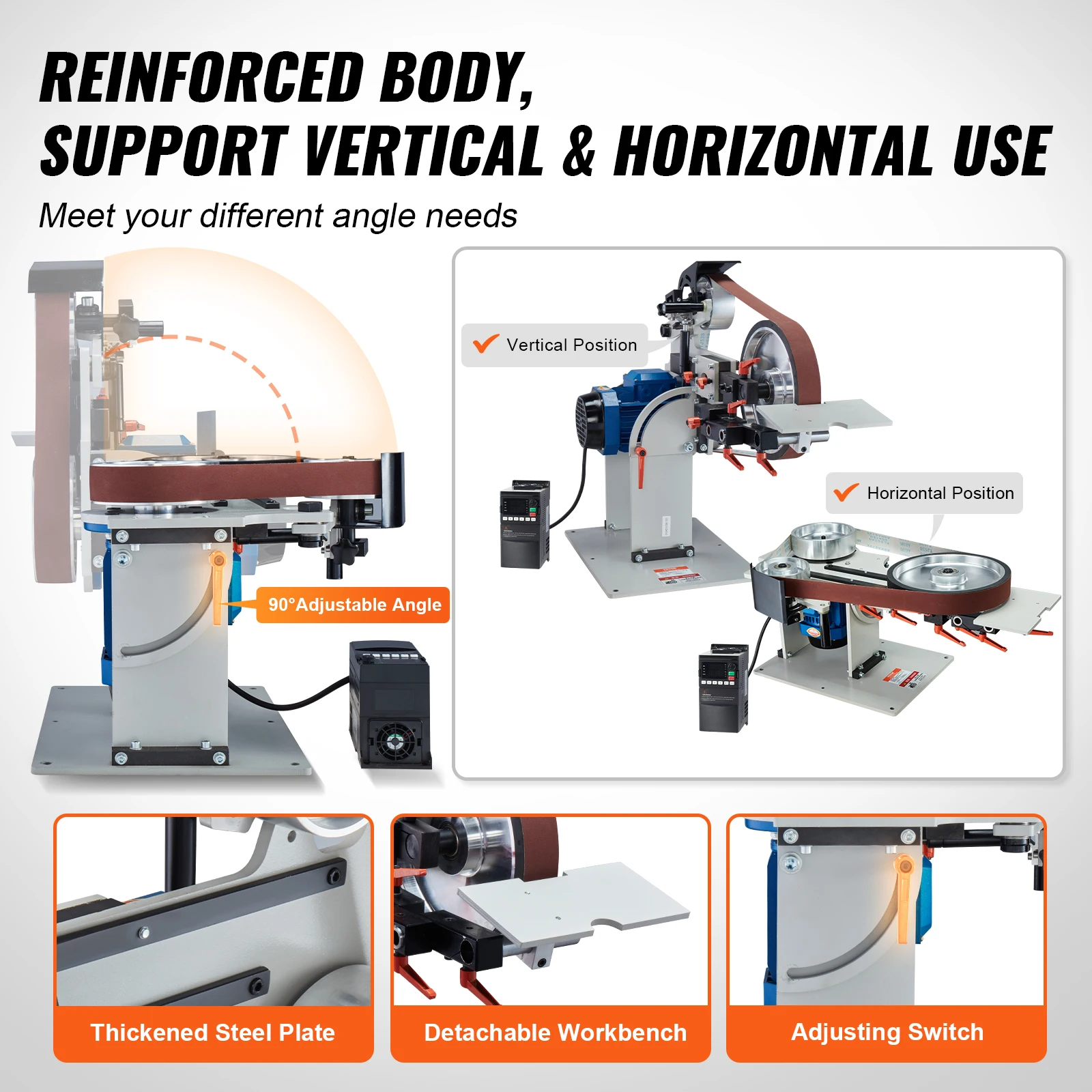 VEVOR Belt Grinder Sander Variable Speed Belt Polisher with VFD 1500W Knife Sharpener with Grinding Moulds & 3PCS Sanding Belts 6