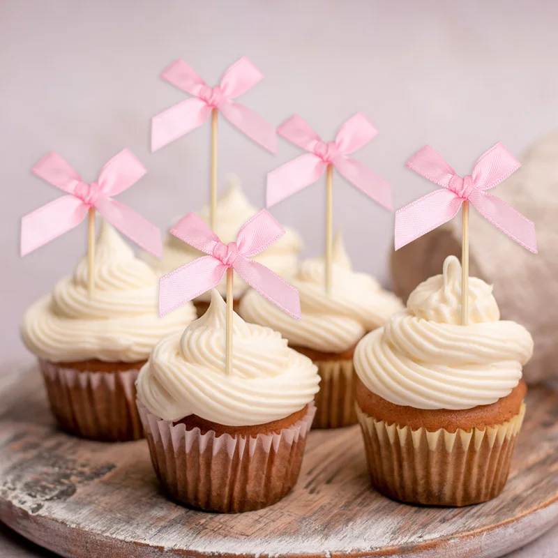12Pcs Pink Bow Cupcake Toppers Kids Girls Birthday Party Cake Topper Decoration Baby Shower Wedding Bachelorette Party Supplies