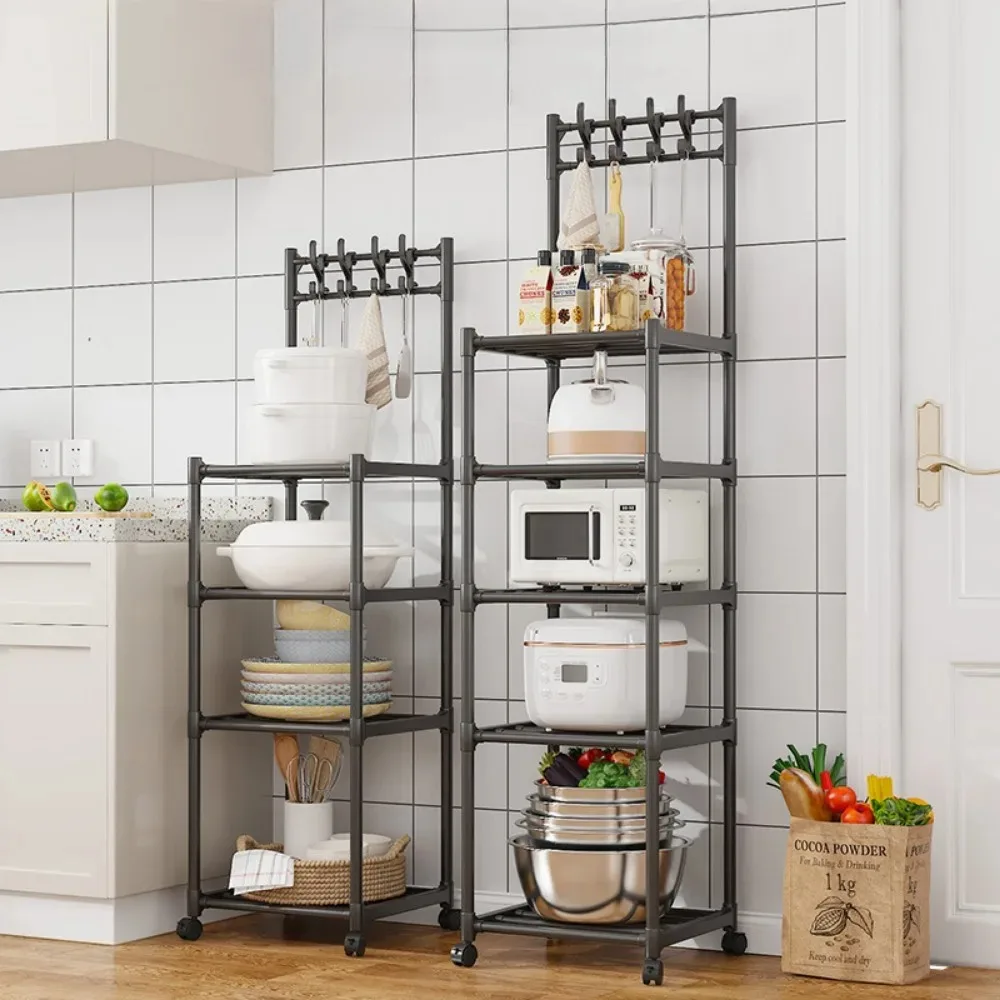 Kitchen Storage Rack Multi-Layer Storage Organizer Shelf With Pulley Microwave Shelves Space Saver Floor-to-ceiling Kitchen Rack