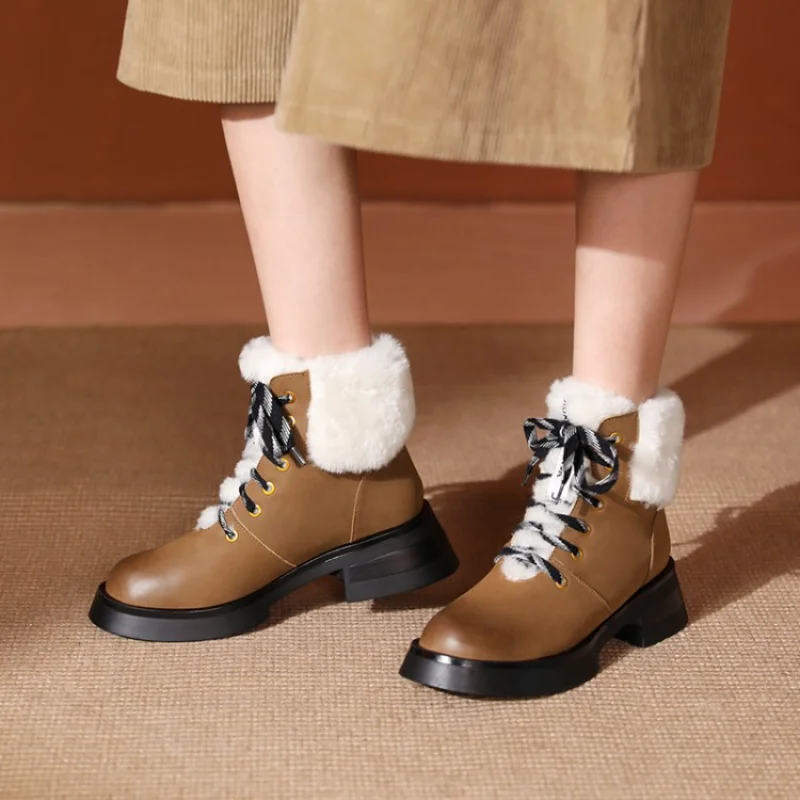 

2022 new European winter boots natural leather warm snow boots 22-25cm Fur one upper cowhide+wool ankle boots lace-up boots
