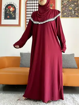 2023 Muslim Solid Cotton Abaya For Women Ramadan Prayer Garment Joint Hat Dubai Turkey Middle East Femme Robe Floral Loose Dress 1