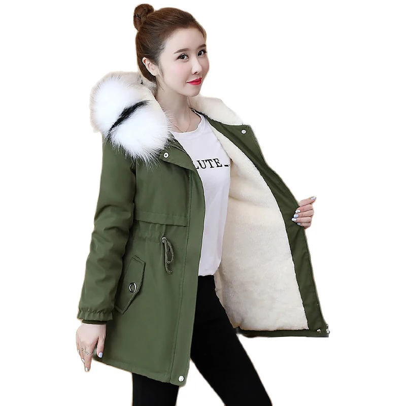 

Thick Fleece Fur Collar Women's Parka 2022 Autumn Winter New Jackets Cotton Drawstring Slim Waist Letter Splice Hooded Coats Top