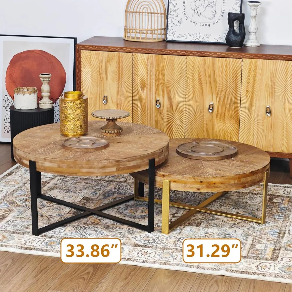 33.86" Modern Retro Splicing Round Coffee Table,Fir Wood Table Top with Gold Cross Legs Base 5