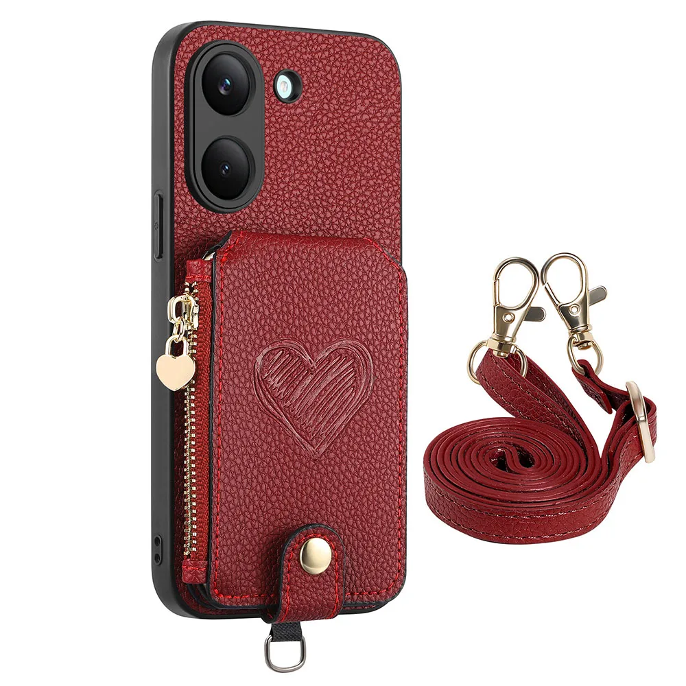 Zipper Wallet Leather Phone Case with Card Holder and Lanyard