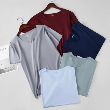 2024 Men's Thin Short Sleeve Ice Silk Without Summer Solid Color T shirt Trace Slim V-neck Bottoming Seamless short sleeve 1