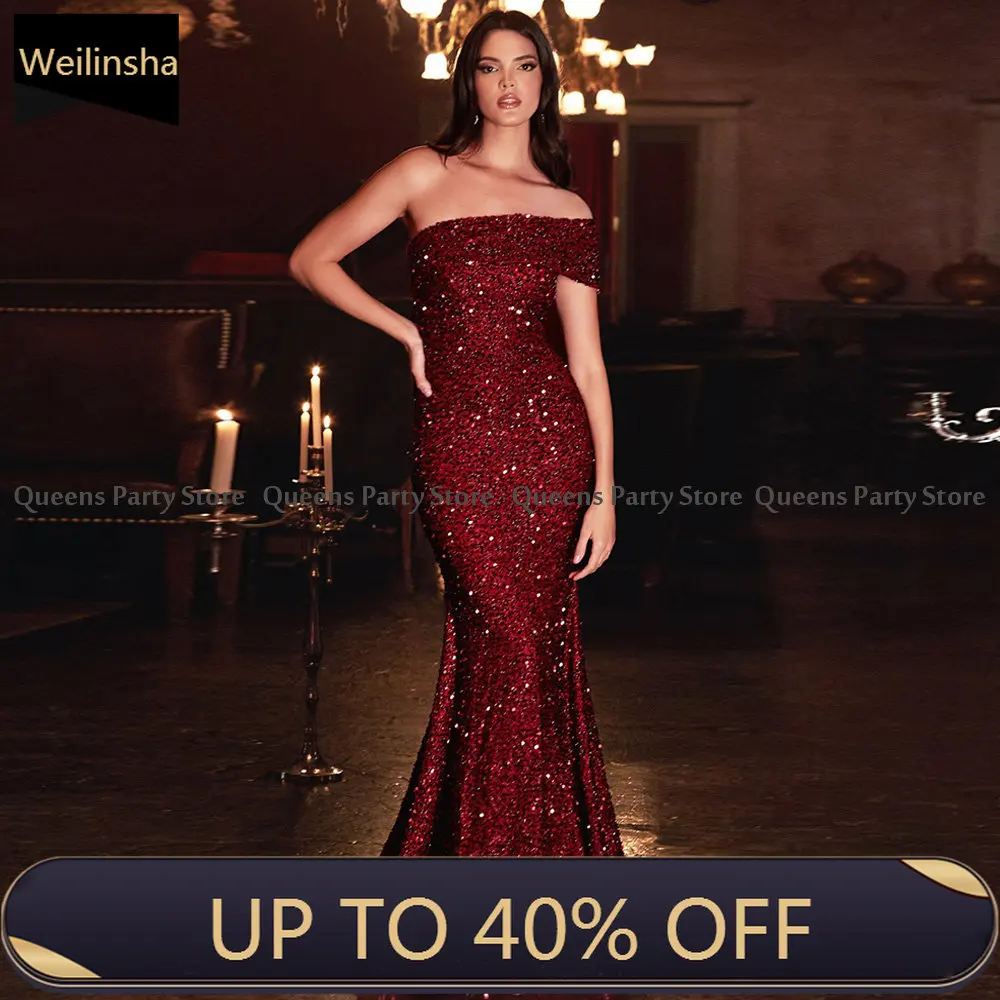 

Burgundy Evening Dresses Party Night Gown Sexy Off The Shoulder Sweep Train Sequin Women Mermaid Formal Dress Robe De Soiree