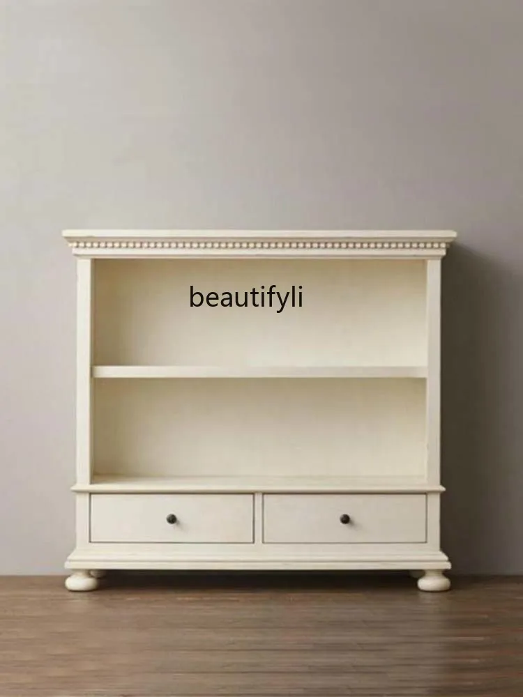 American Country Solid Wood White Small Bookcase Retro Small Apartment Locker Side Cabinet Bookshelf