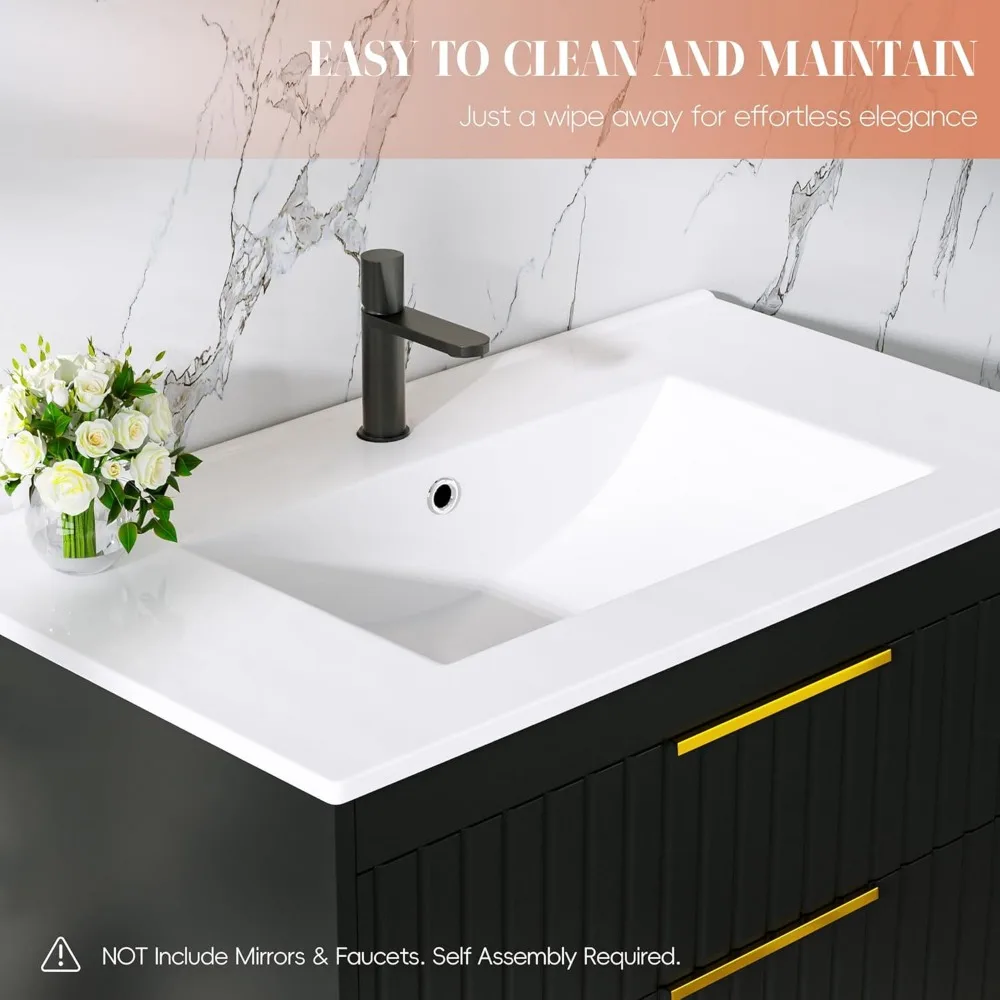 30" Bathroom Vanity with Sink, Floating Vanity Sink Cabinet Wall Mount,Soft-Close Function 2 Large Drawers,Grooved Stripe Design 5