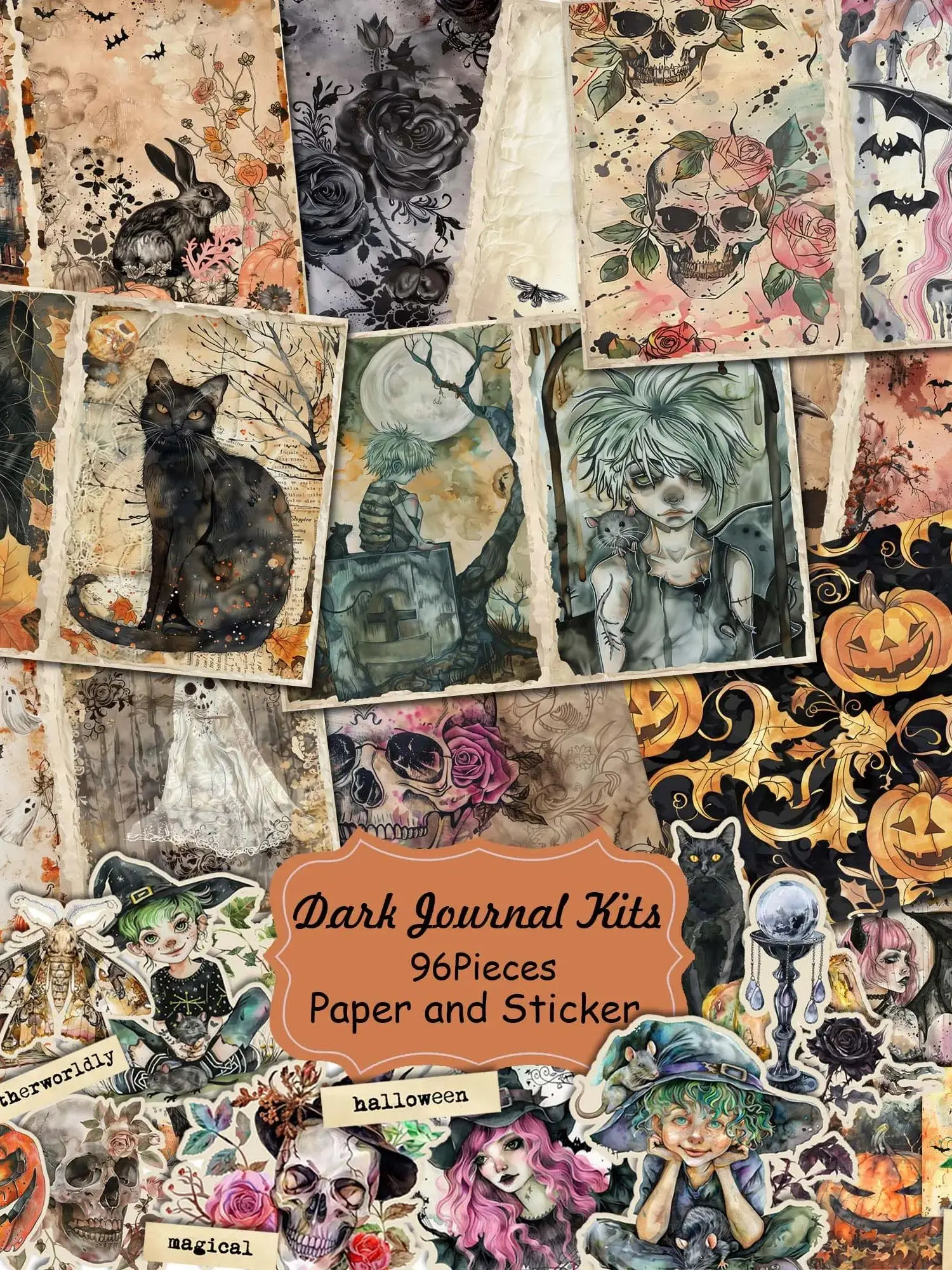 Jaiiman96pieces (Papier aufkleber) Halloween-Junk-Journal-Kits im dunklen gotischen Stil, für Kunst handwerk, Scrapbooking-Zubehör, Heimwerker handwerk – Detail 1