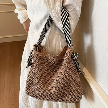 حقيبة يد كبيرة من القش المنسوج من Boho Chic للنساء حقيبة كتف للركاب، مثالية لنزهات الربيع، حقيبة حمل على الشاطئ، 5