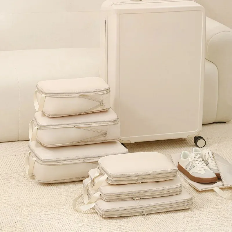 Juego de 4 Cubos de Embalaje para Viaje, Organizadores de Ropa con Compresión, Bolsas de Almacenamiento Impermeables para Equipaje con Asas para Accesorios de Viaje