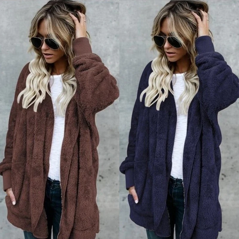 

Faux Fur Coat Women 2023 Autumn Winter Warm Soft Long Fur Jacket Outwear Plush Overcoat Pocket Buttonless Cardigan with hood