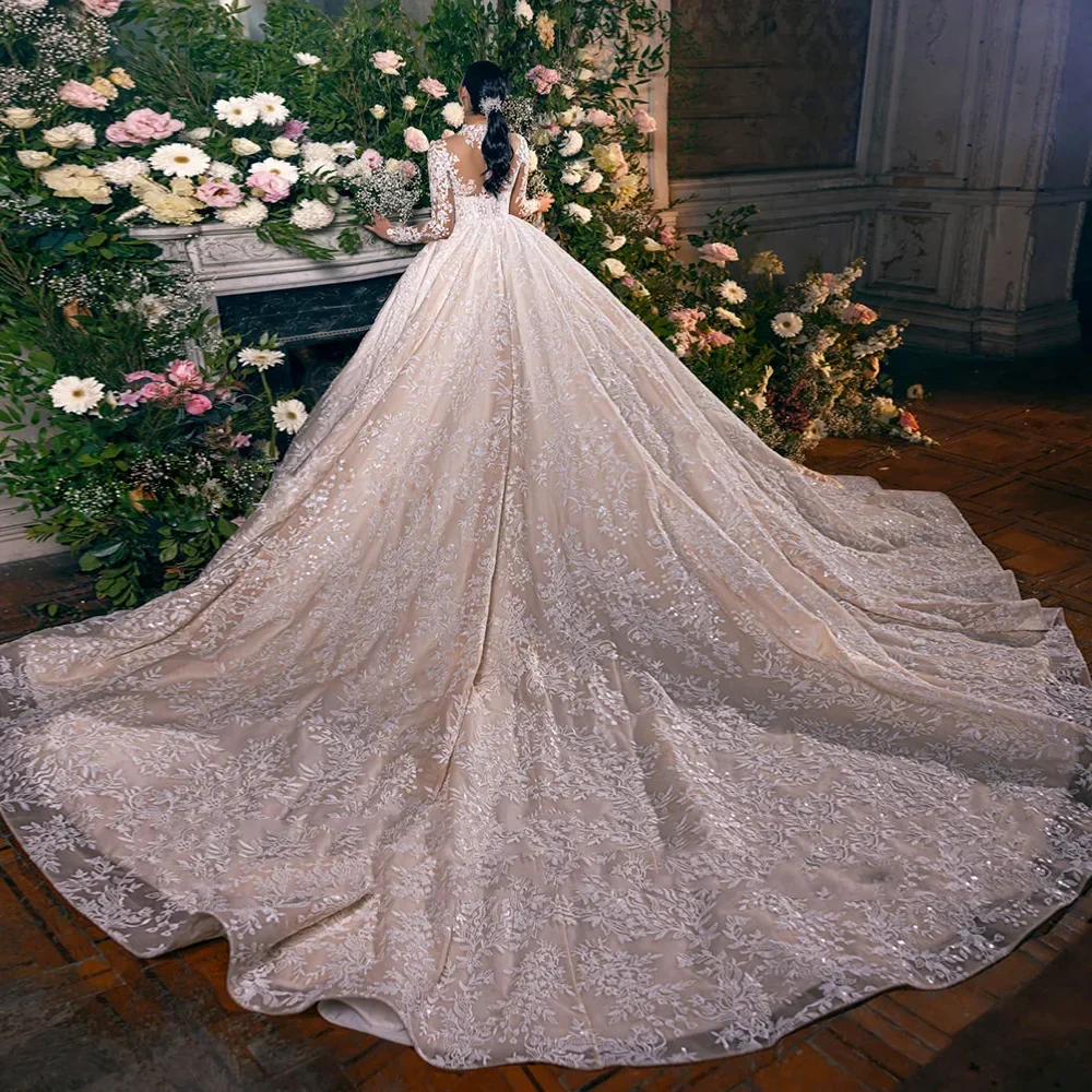 Customized Long Sleeve Ball Gown Wedding Dresses O-Neck Princess Illusion Bridal Gown Luxury Robe Mariage Vestidos Novia
