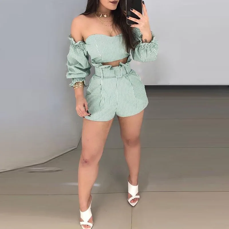 Sexy Club Women Fashion Shorts Set Ruffle Green High Waist Stripe Pants Set 2 Piece Outfit Sets Beachwear Casual Summer Shorts