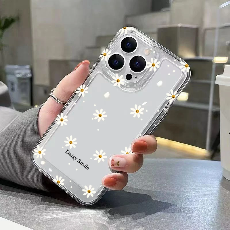 Phone Case For iPhone 16 15 Pro Max 14 13 12 11 16E XS X XR 7 8 Plus SE2 Small Chrysanthemum Flowers Pattern Transparent Cover 4