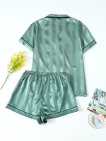 Ensemble deux pièces en Satin à revers rayé, haut à manches courtes avec poches et Short à nœud, pyjama pour femmes, vêtements de détente, adapté à un usage domestique 2