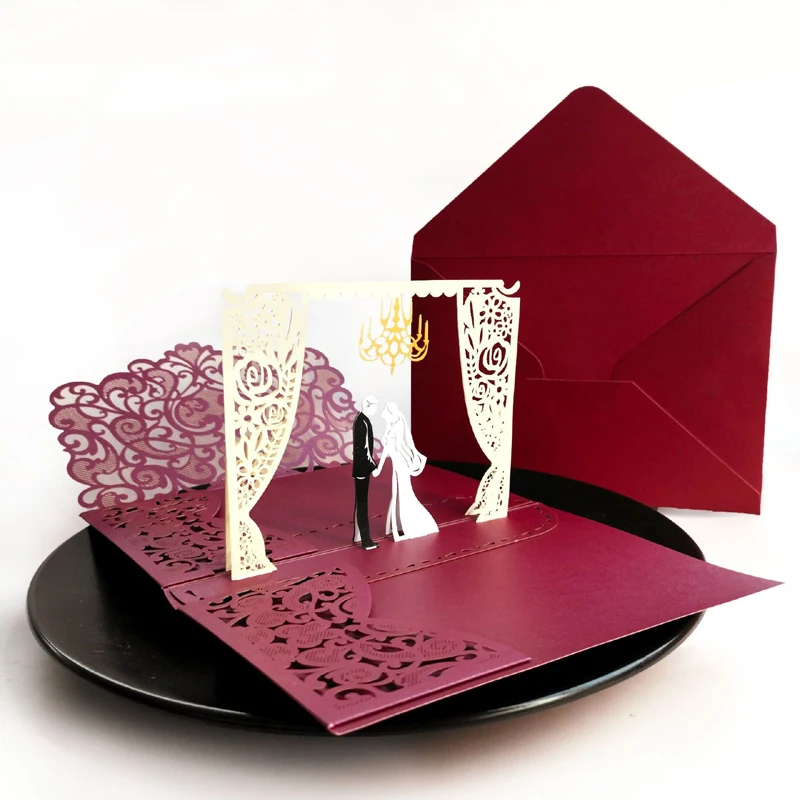 

20 Pieces 3D Pop-Up Bride and Groom Wedding Invitation Tri-fold Laser Burgundy Pocket Customized Greeting Invite Card IC162