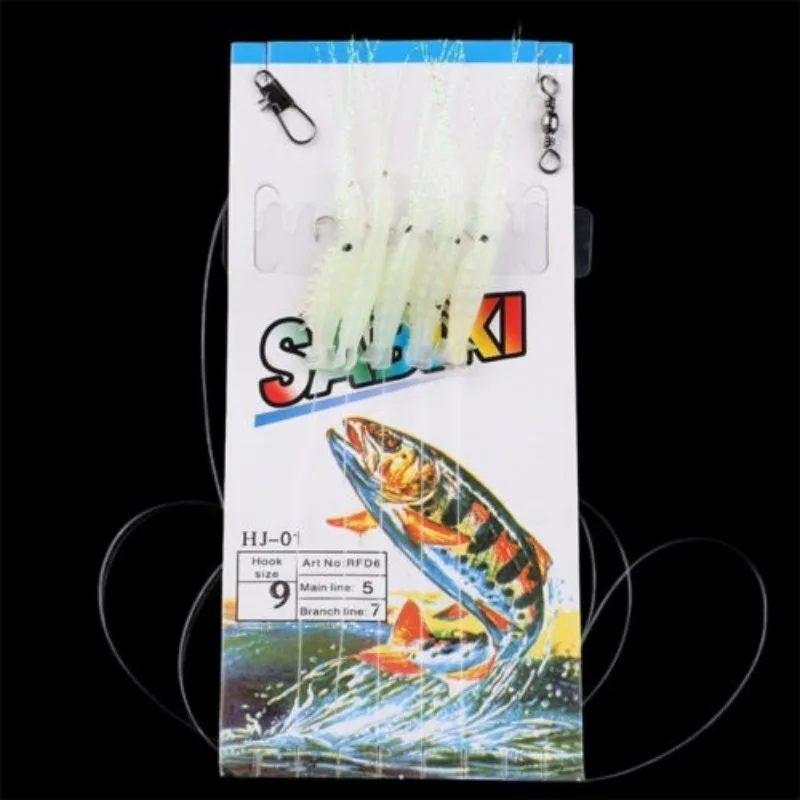 5pcs Luminous Soft Shrimp Fishing Hook Lure Bait Simulated Fish Skin String Hook Mackerel Barbed Hook Bass Cod Lures Sea Fishing