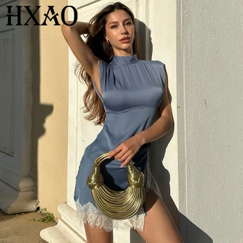 HXAO Satin Ruffled Lace Dresses Women's Dress Summer 2026 Female Mini Dusty Blue Sleeveless Vestidos Elegant Party Evening Dress