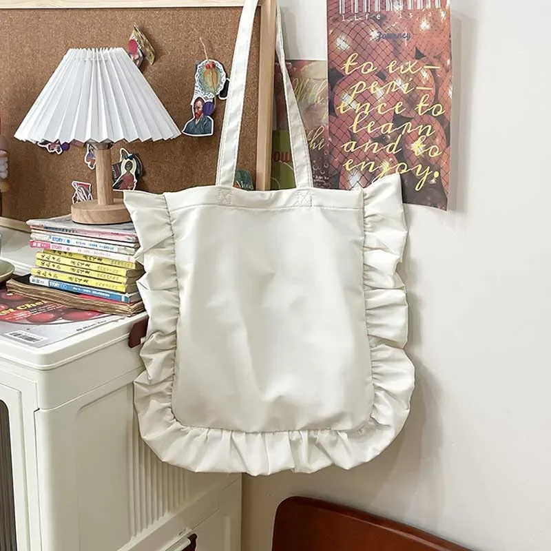 Elegant Vintage Women Tote Bags Ruffles Large Capacity Nylon Pleated Shoulder Bag French Style Handbag Sweet Female Handbag
