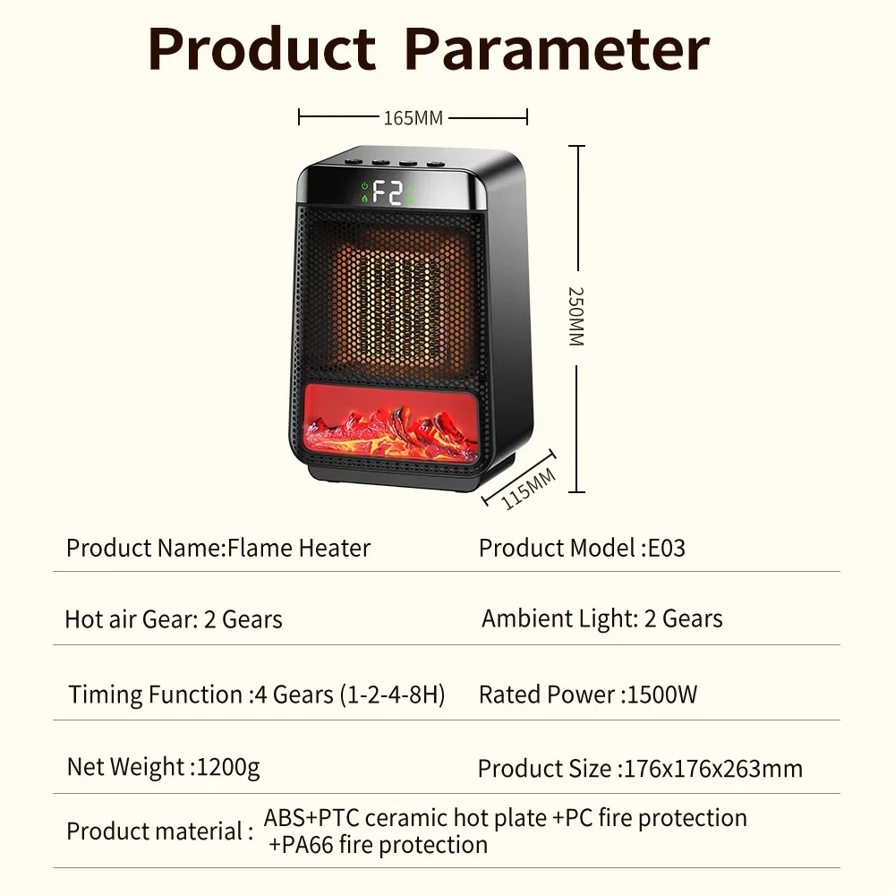 3D Dynamic Flame Heater Portable Timeable Electric Heater Fast Heating 3D Dynamic Simulation Flame Fireplace Decor for Home Use 6