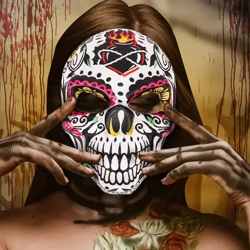 Description Picture 4 of itemDay of The Dead Skull Masks Mexican Halloween Masquerade Full Bones Mask Prop Festivals Party Supplies Cosplay Girl Woman
