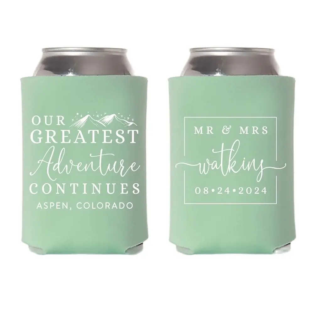

Wedding Can Cooler #164R - Our Greatest Adventure Continues -Custom - Wedding Favors, Insulated, Beer Huggers, Wedding Favor, Be
