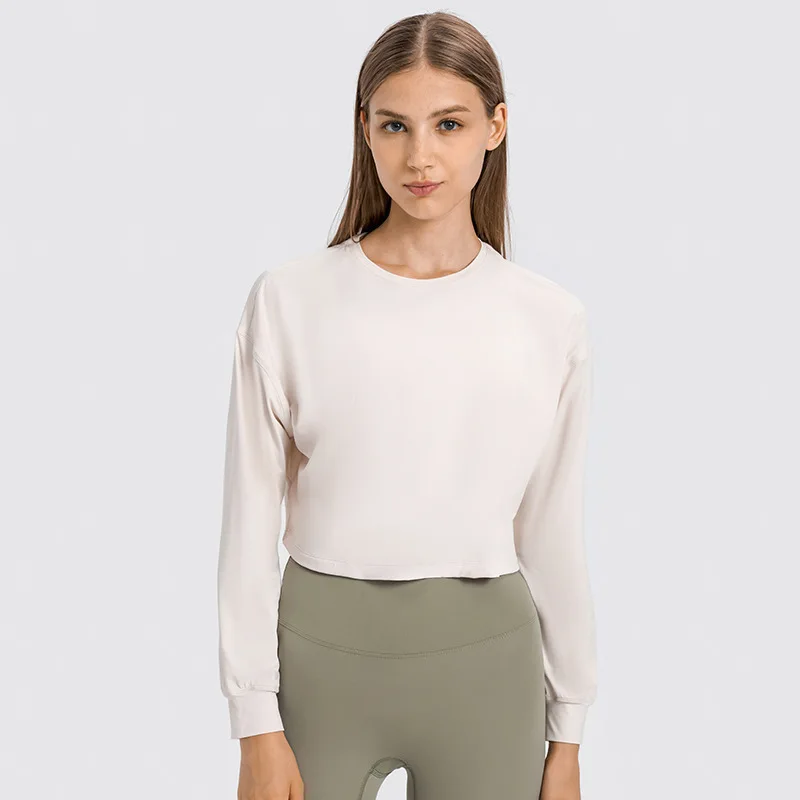 

Women Short Loose Fit Long Sleeve Yoga Crop Tops Naked Fitness Running T- Shirts Gym Blouses Sports Tee Pullover Black