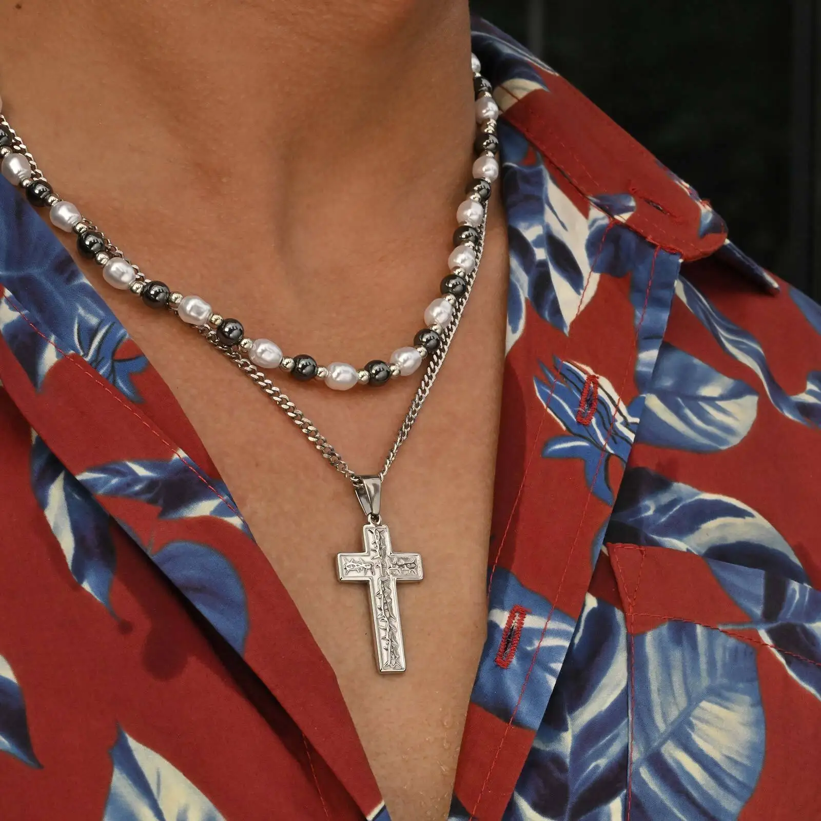 Fashion Christ Cross Necklace for Men,Silver Color Stainless Steel Cross Metal Pendant with Cuban Link Chain,Male Jewelry Gift
