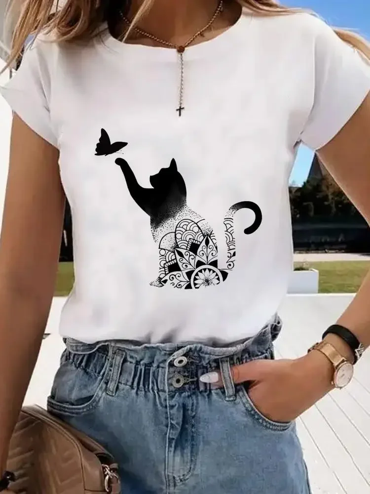 

Женские футболки с коротким рукавом, одежда с принтом кота, Пляжная трендовая Милая женская футболка на весну и лето, модная футболка, женская футболка с графическим принтом