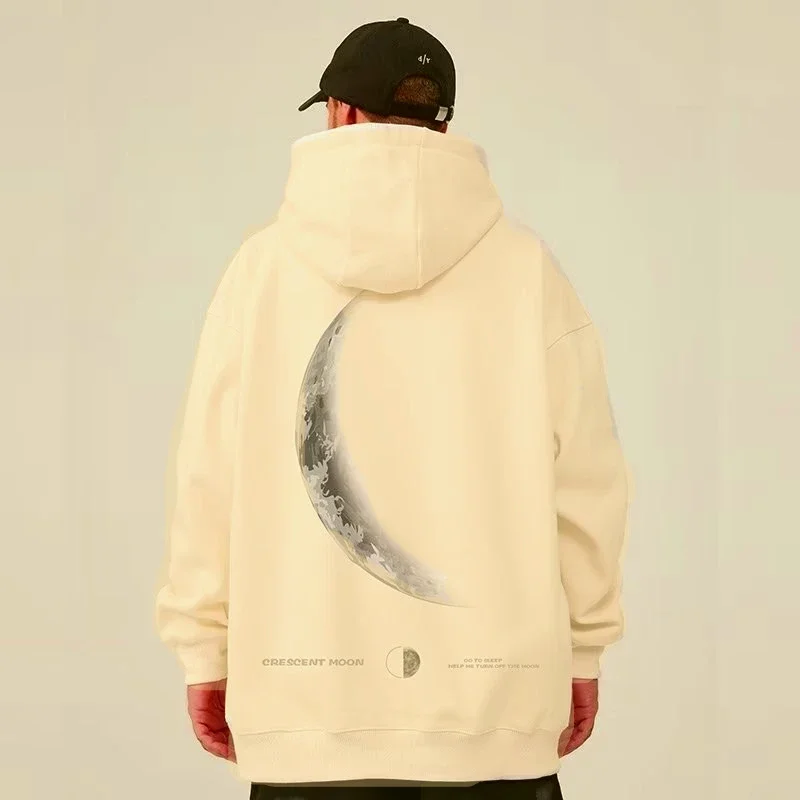 Men Oversized Pullover Hoodie Fashionable Loose American Retro Crescent Print Long Sleeved Couple Outfit