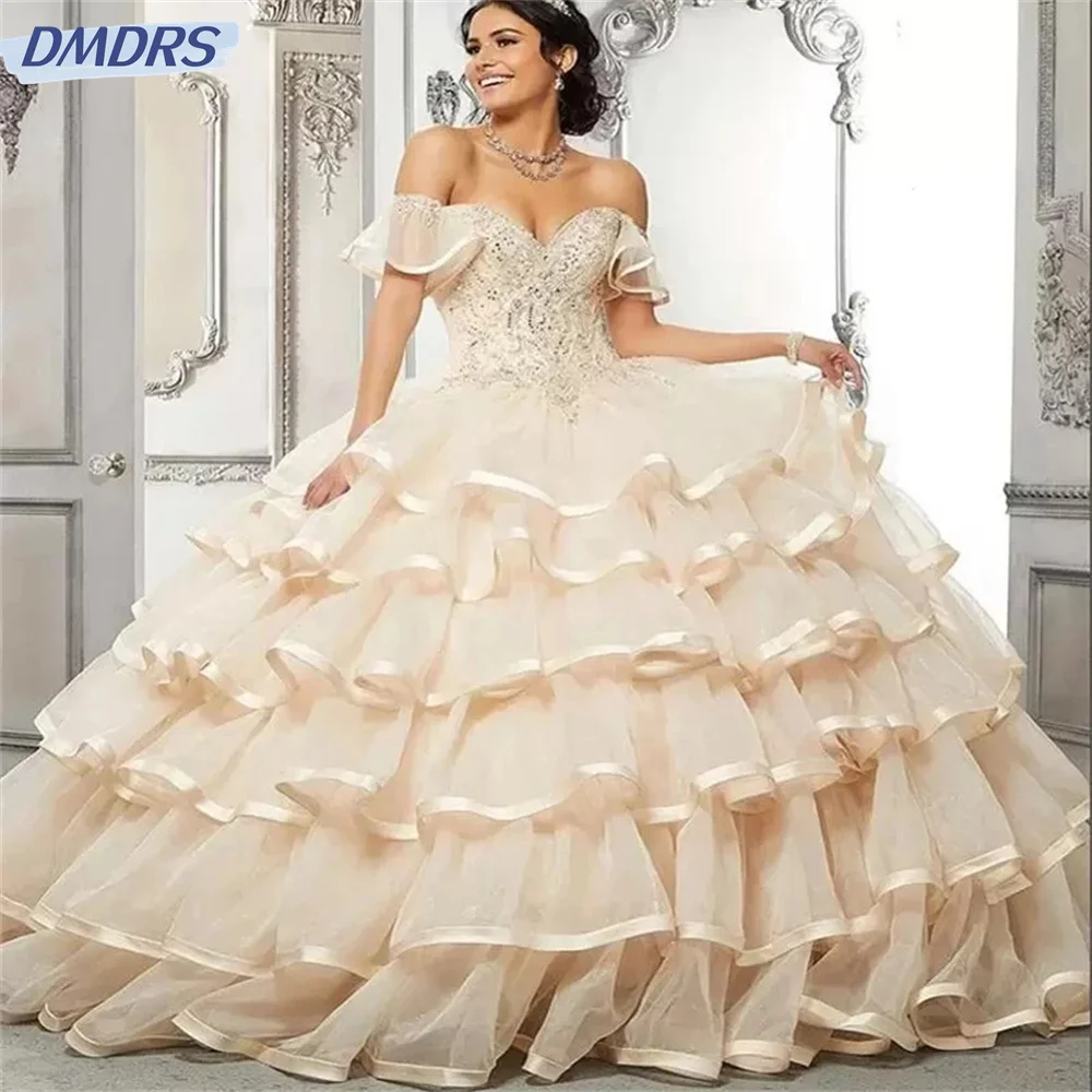 Elegant spaghetti strap Glitter Sweetheart Ball Gown Quinceanera Dresses Charming Off The Shoulder Applique Lace Vestidos De