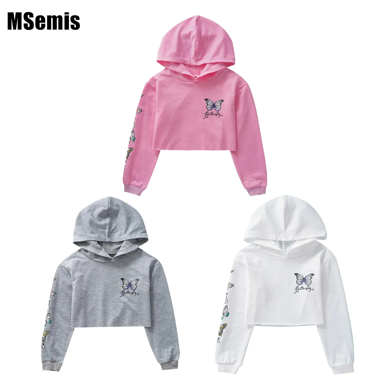 

Kids Girls Casual Clothes Hooded Cropped Sweatshirt Long Sleeves Butterfly Print for Gym Dance Harajuku Children Clothing Coat
