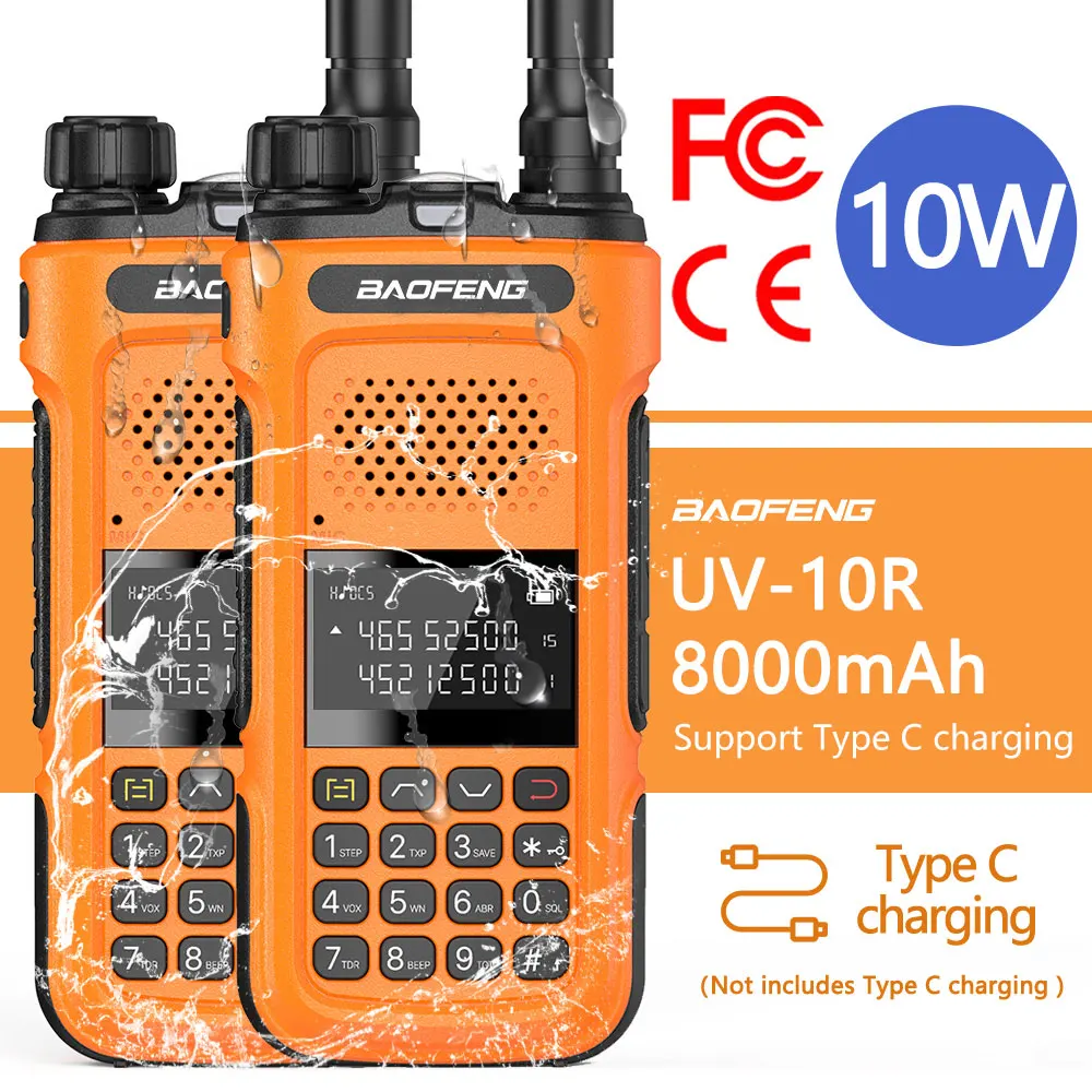 2PCS Original Baofeng UV-10R Walkie Talkie Waterproof 10W CB Ham Hunting  Radio Type-C Charger Long Range Powerful Two Way Radio