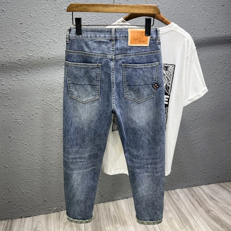 2024new elastic printing denim (ankle-length pants) men's thin Breathable High-end trendy all-match casual slim-fit pants