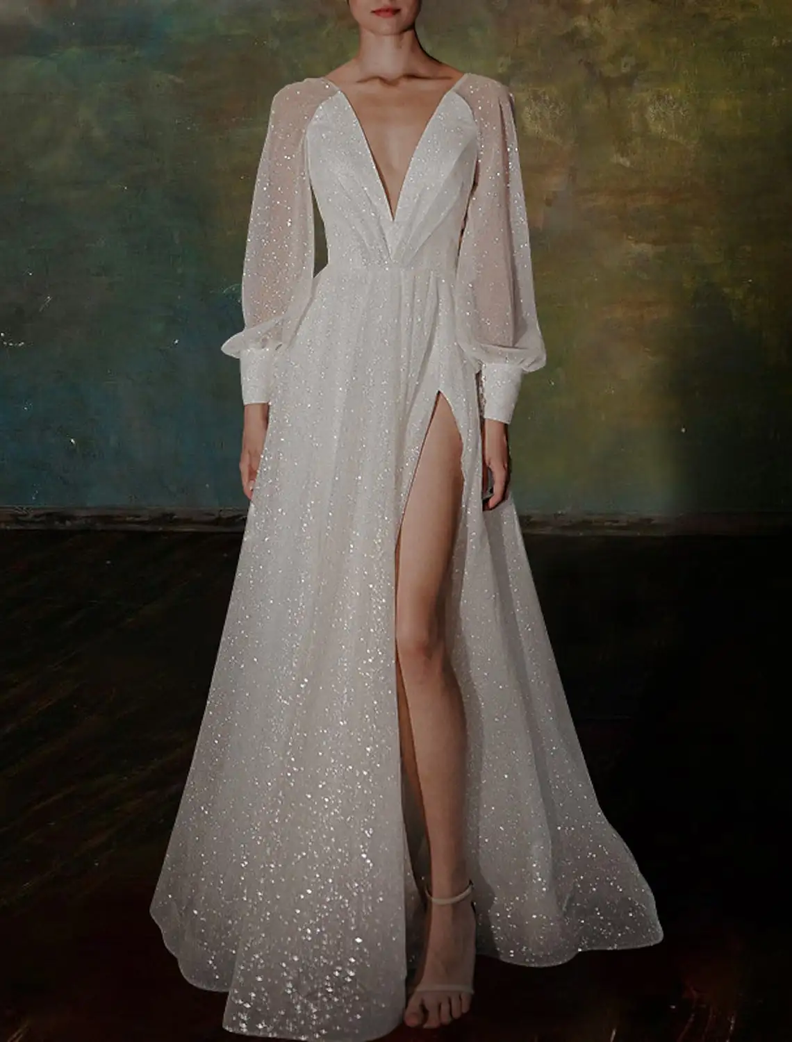 

Shine Wedding Dress 2023 A-Line V Neck Long Sleeves Split Front Sequined Bridal Party Gowns Women Summer Robe De Mariage