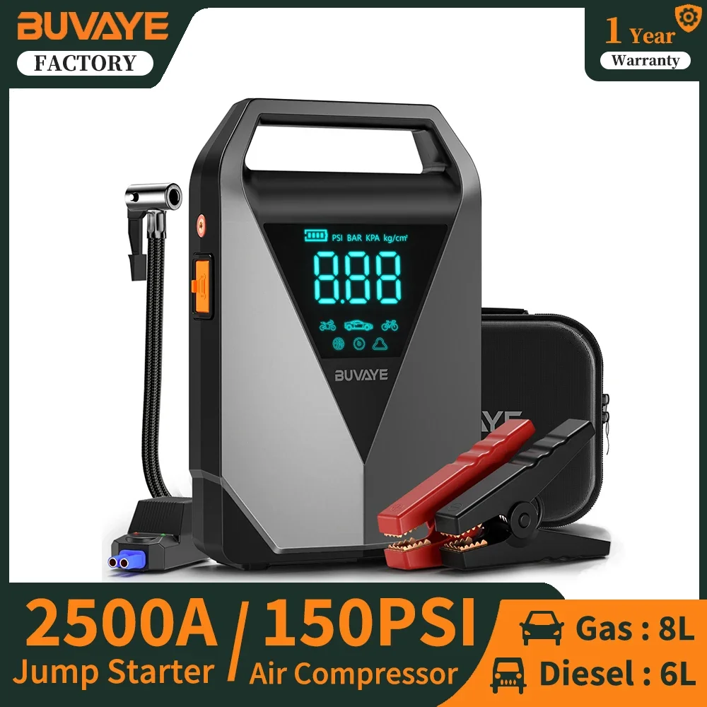 BUVAYE Jump Starter Air Compressor with Power Bank 2500A Battery Booster 12V Engine Starter 150PSI Electric Pump Tire Inflator