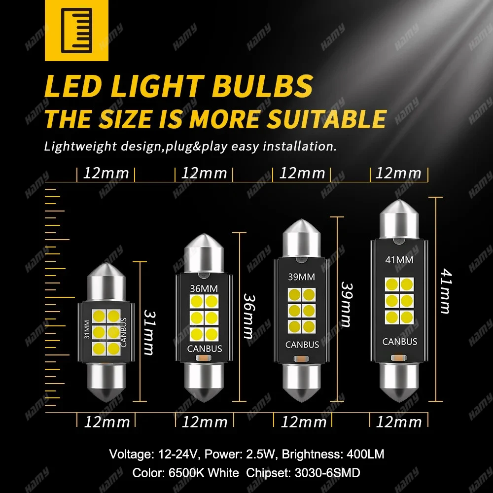 2PCS 600LM ���� ���� C10W C5W LED ���� ���� 31/36/39/41mm LED CANBUS 12V 6500K ��� �ڵ��� ���׸��� �� ��ȣ�� ��