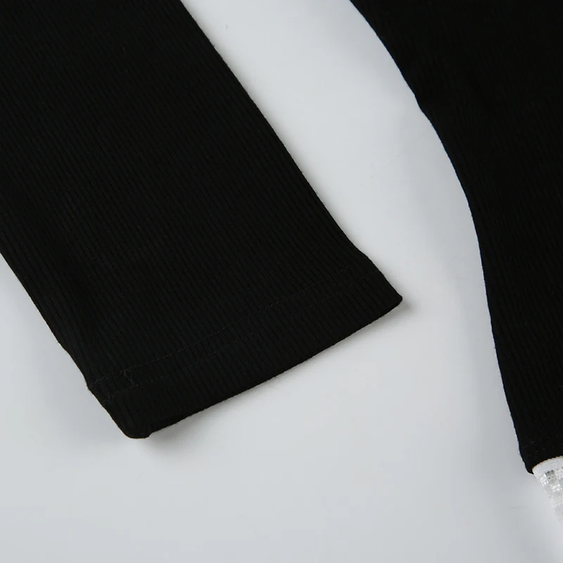 Contrast Lace Patchwork Cute Y2K Slim Long Sleeve Black T-Shirts Women Button Up V Neck Basic Spring Autumn Tee
