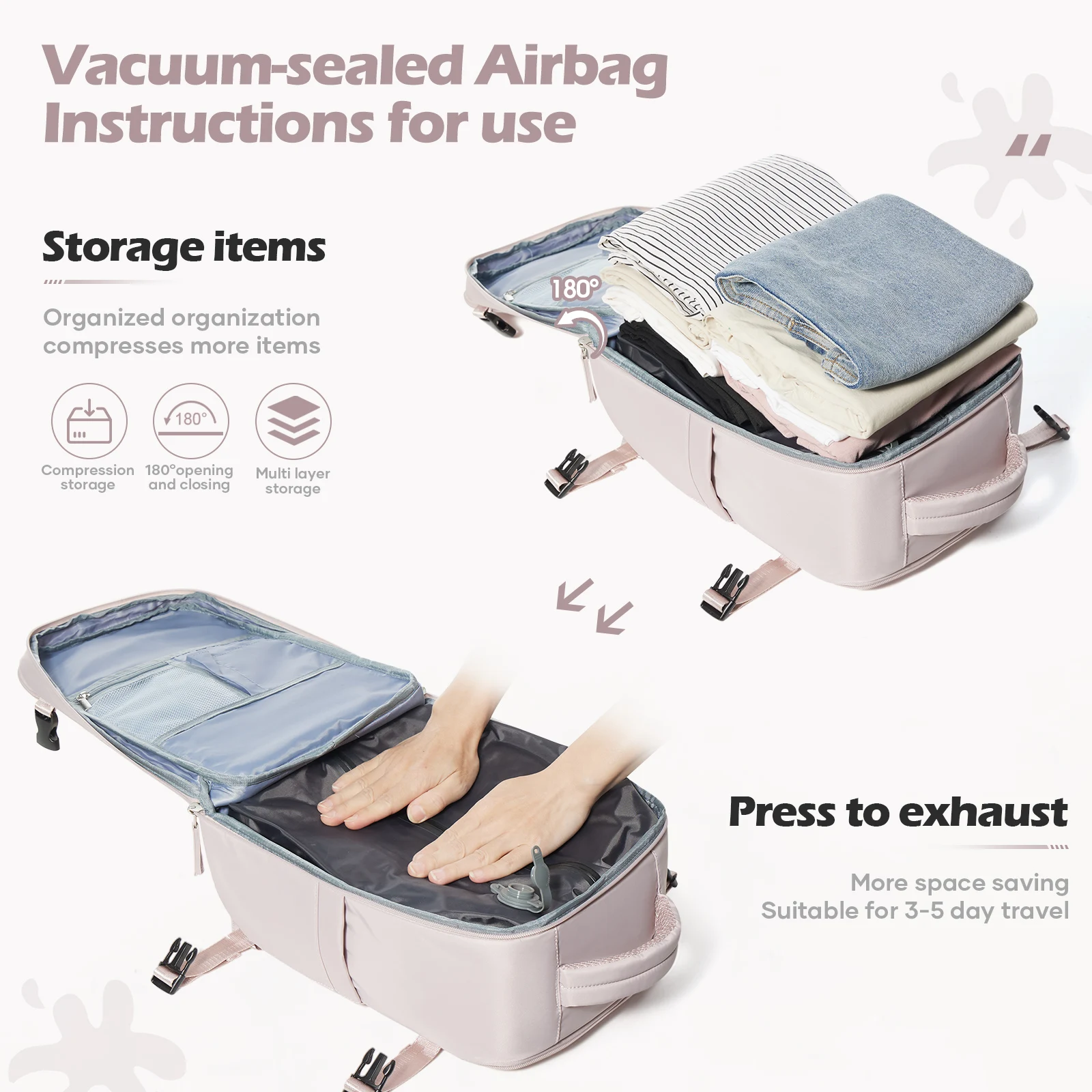 Large Capacity Vacuum Compression Backpack Lightweight Hiking & Travel Backpack for Women Men, Travel Essentials Cabin Backpack