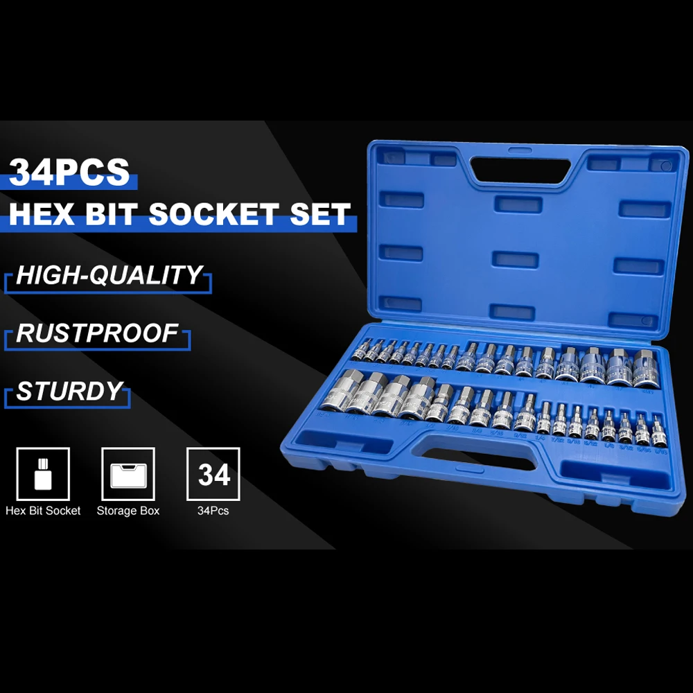 34pcs Master Hex Bit Socket Set Allen Wrench Bit Kit Hex Key for Ratchet Socket Tool SAE and Metric 3/8, 1/4, 1/2 Drive Socket 6