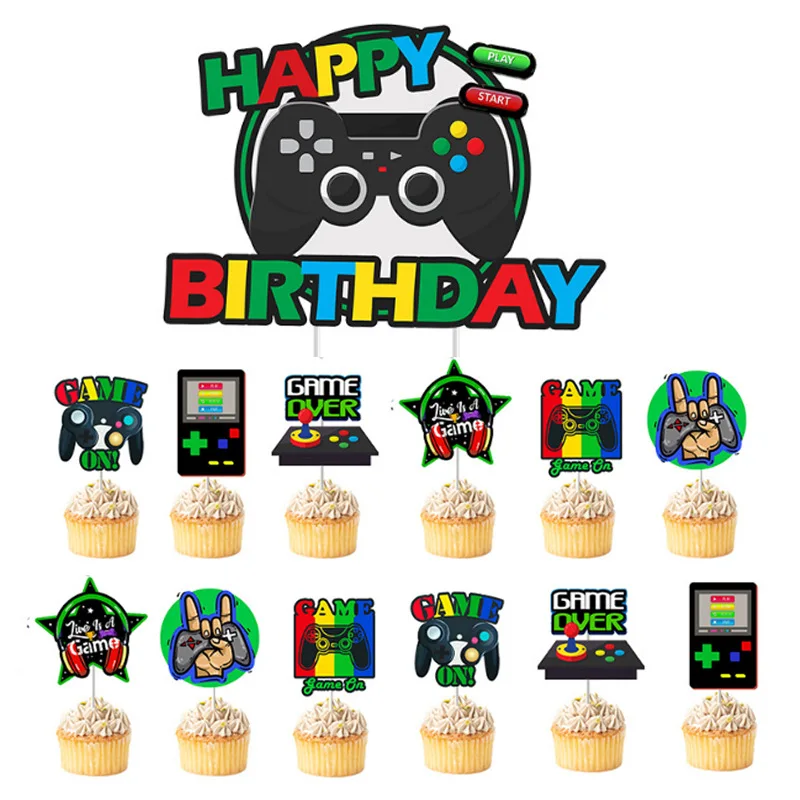 thumbnail image 1 of Juego de suministros para fiestas de videojuegos, decoración para fiesta de cumpleaños de bebé niño, telón de fondo para juegos de feliz cumpleaños, cubiertas para mesas de juego, globos para jugadore, 1 of 5