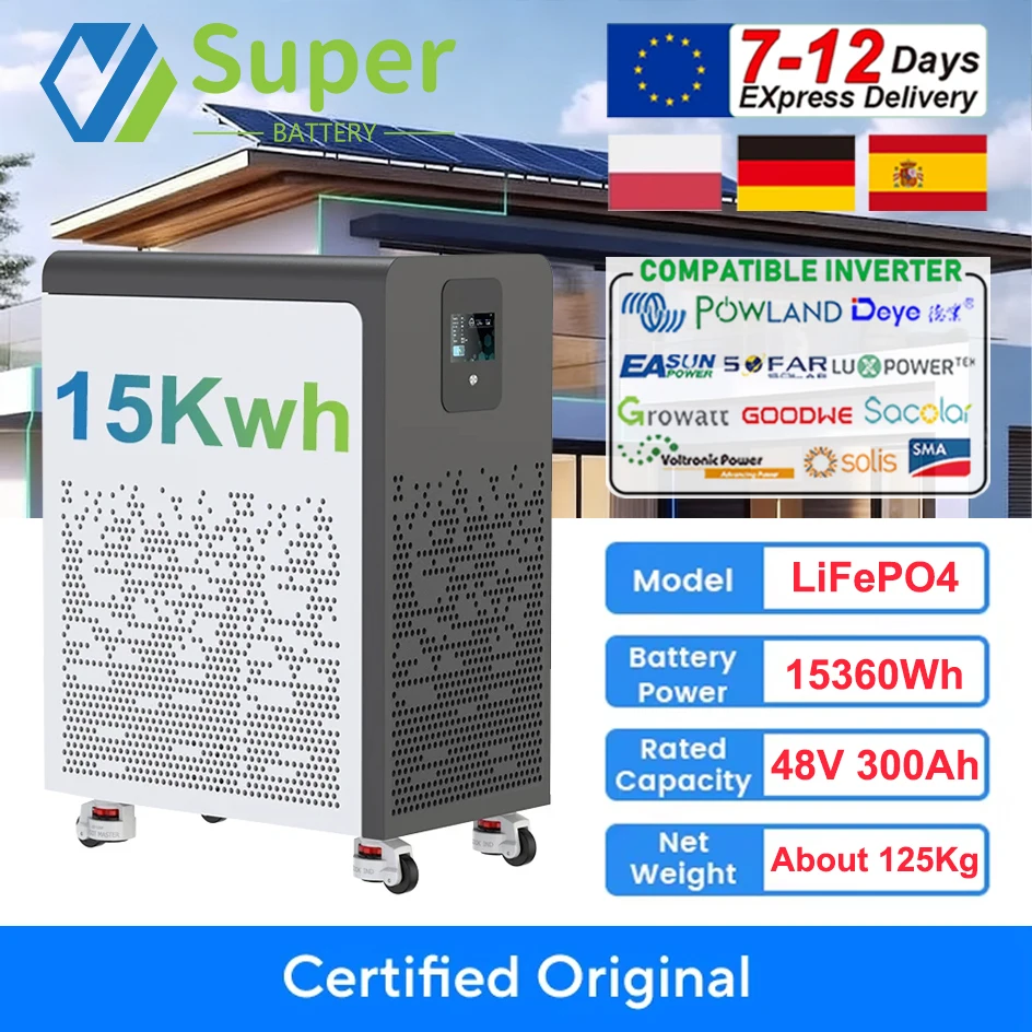 LiFePO4 48V 300Ah 15Kwh Battery Akku 6000 Cycles With Wheels 51.2V BMS 100Ah 600