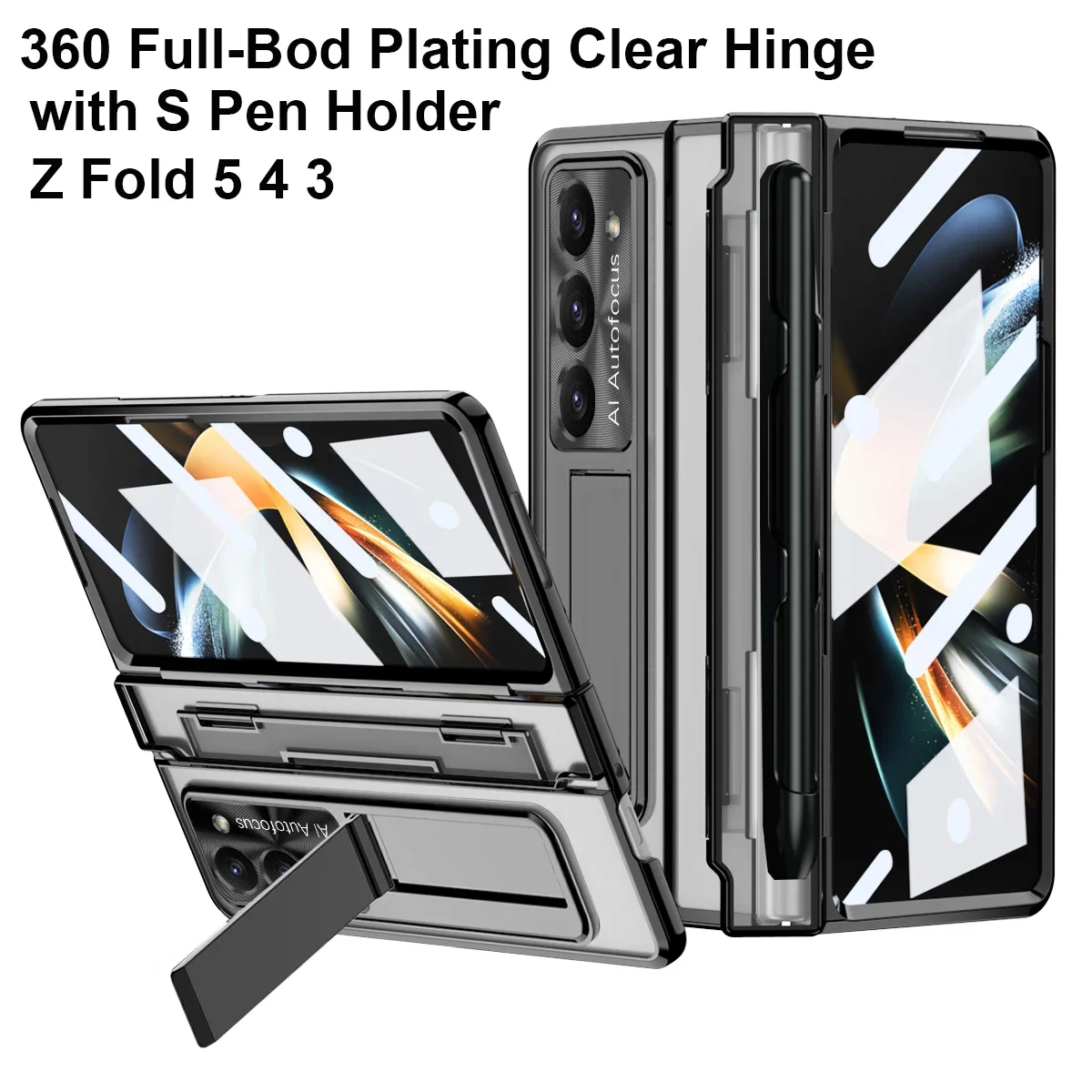 

with S Pen Holder Plating Clear Hinge Case For Samsung Galaxy Z Fold 5 4 360 Full Protector Kickstand Z Fold 3 Shockproof Cover