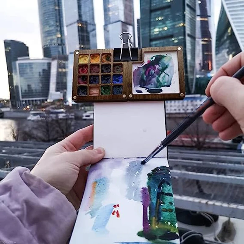 Portable Watercolor Palette 15 Color Sketchbook Palette Wooden Palette Box Travel Paint Palette (Without Colors) paint tray,color palette,watercolor palette