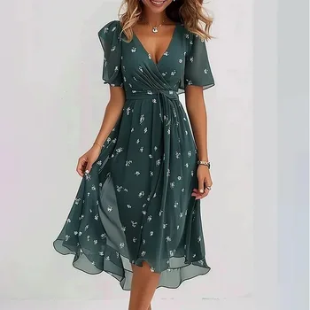 Elegant And Fashionable Printed Knee Length Dress For Women 2025 New Loose Casual V-neck Floral New Printed Dress Femme Robe 1