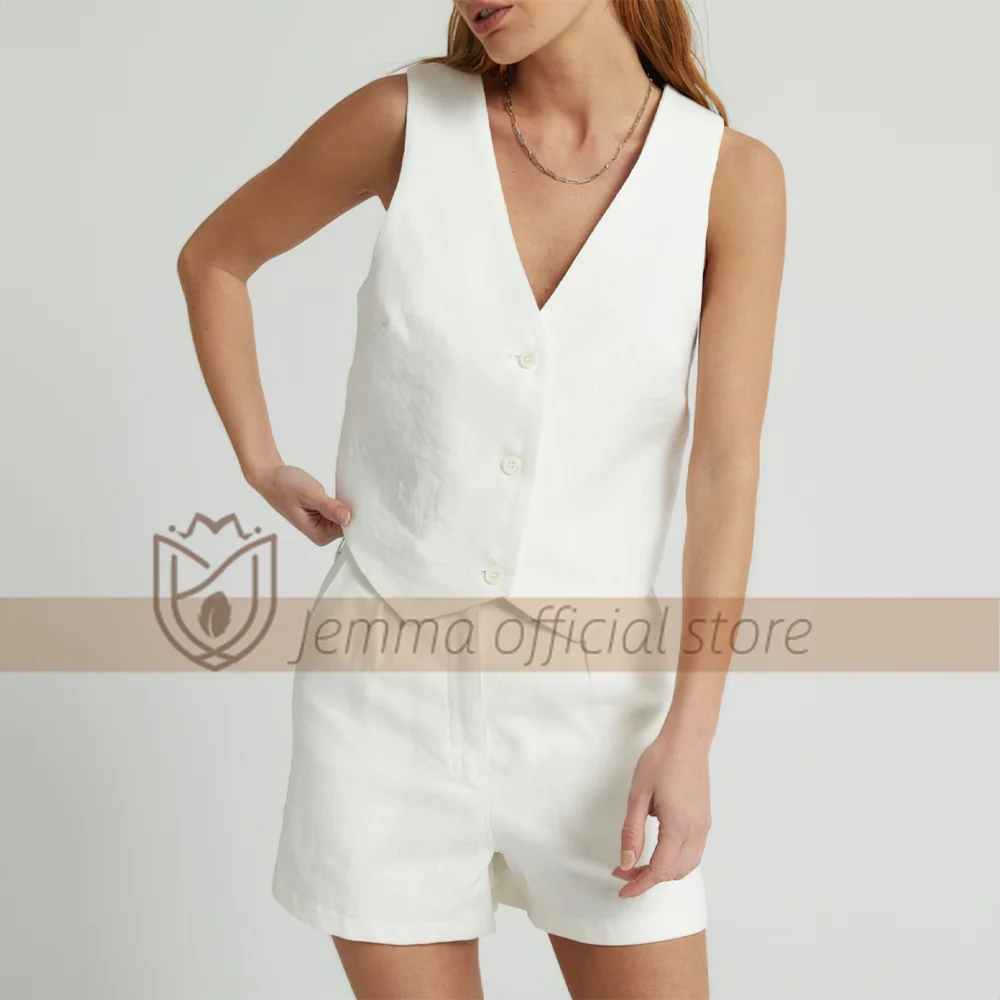 Women's Suit White Customized Linen Tank Top Shorts Set of 2 - Simple and comfortable set, suitable for various occasions