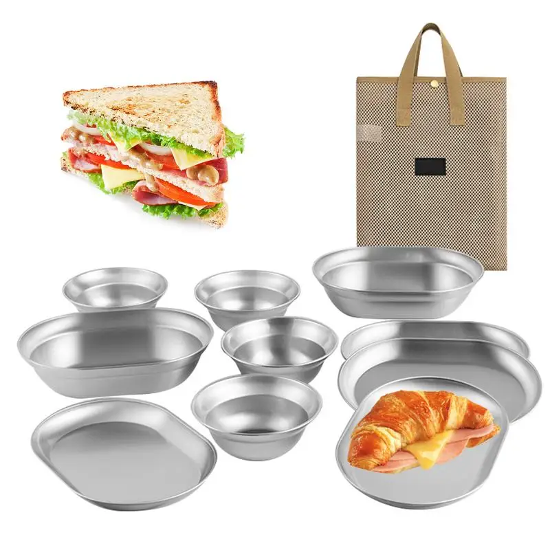 

Stainless Steel Plate Set Camping Dinnerware Set With Bowls Rust-Proof Camping Serving Plates Feeding Serving Camping Plates For