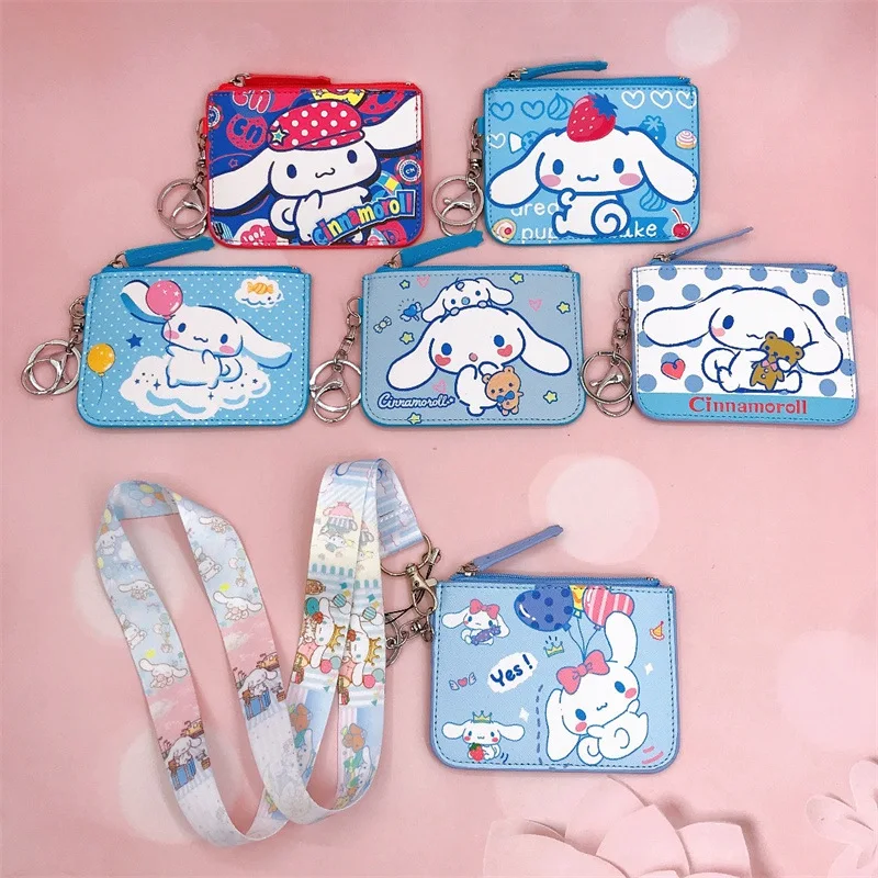 

kawaii Sanrio Card Holder cinnamoroll Accessories Cute Anime Pu Coin Purse Keychain Lanyard I.d. Holder Toys for Girls Gift