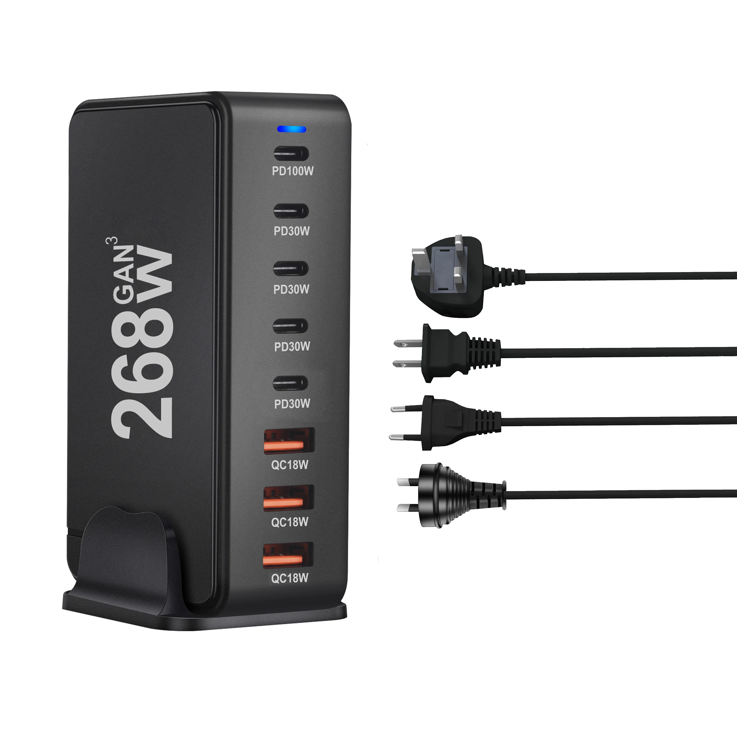268W 데스크탑 GaN 충전기 8포트 USB 유형 C PD 충전기 고속 충전 3.0 USB 유형 C 고속 충전기 모바일 USB 충전기